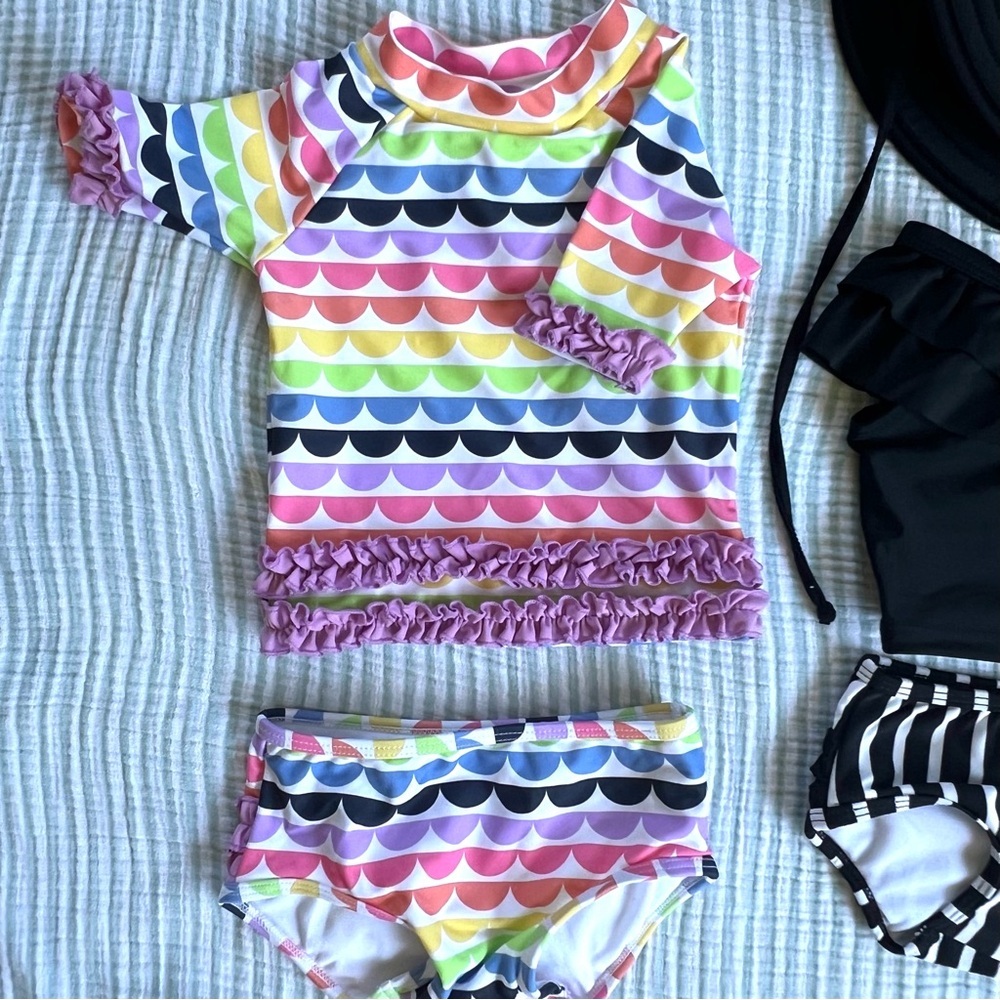 RuffleButts Rash Guard Bikini, 2-Piece Set  •  Scallop Rainbows / 6-12M